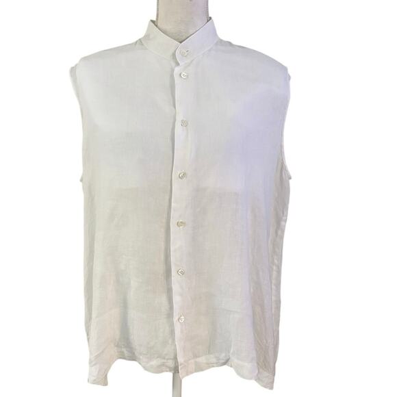 Eskandar Size 1 US 10 12 100% Linen White Sleeveless Button Up Top Shirt Blouse